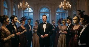 A solitary unmasked man stands in a candlelit ballroom surrounded by elegantly costumed guests wearing Venetian masks, illustrating the costume party metaphor for brand authenticity.