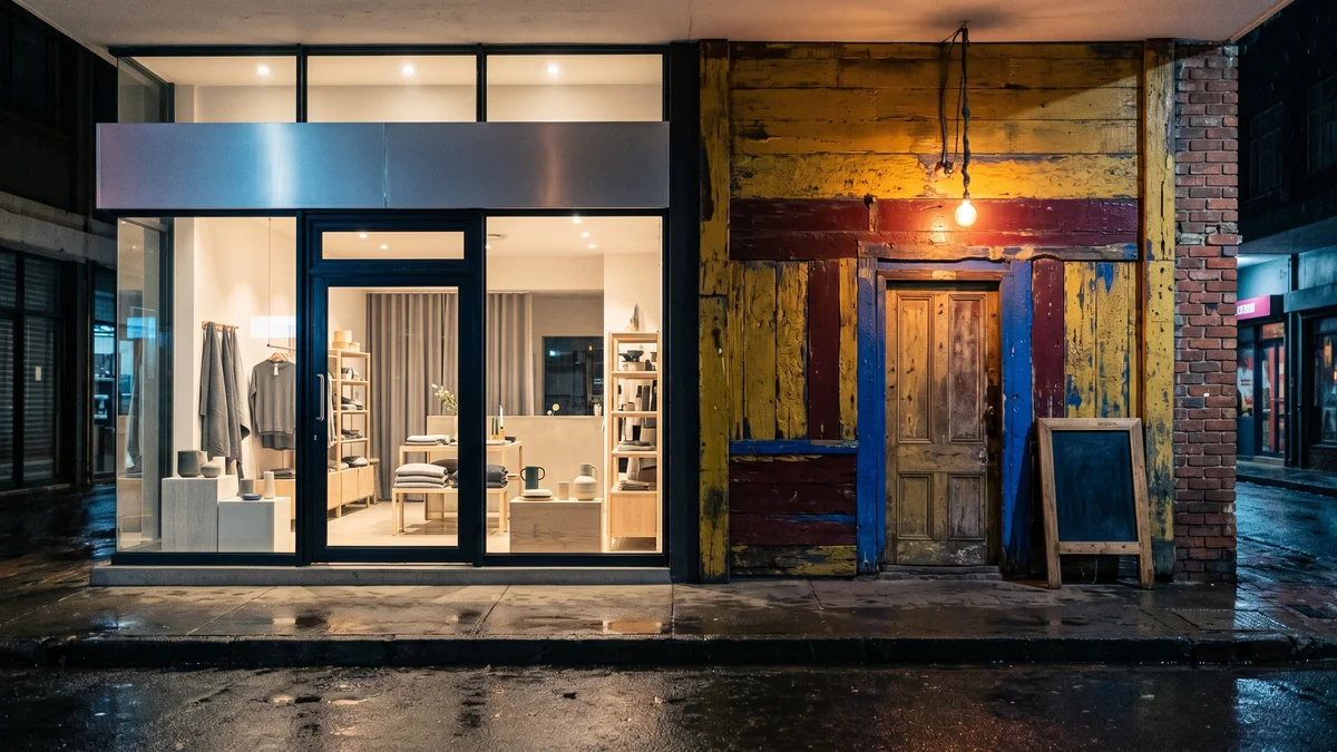 Two storefronts side by side: a polished glass-fronted shop and a rough hand-painted timber facade, both lit at night.
