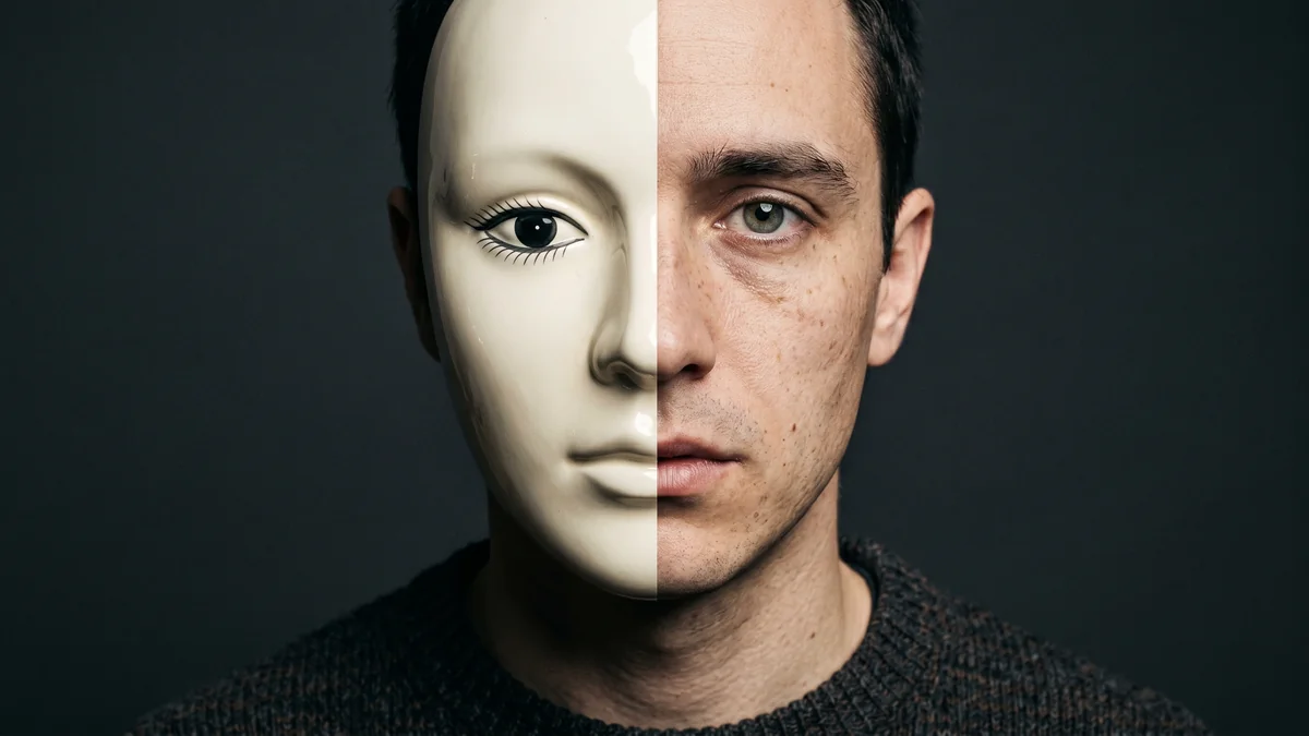 Half-mask half-face editorial portrait showing the costume vs the real face metaphor.