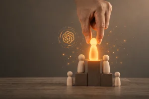 ChatGPT Visibility Optimisation SA (Man holding digital chess piece above others to stand out)