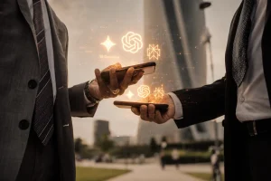 Google AI Visibility South Africa (Two business men using Ai chatbots on their phones)