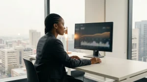 South African business owner reviewing a Google Ads performance dashboard in a Johannesburg office