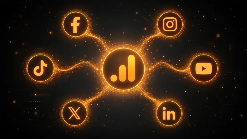 Google Analytics 4 for SA Business (Digital tree branching out from GA4 to social media apps)