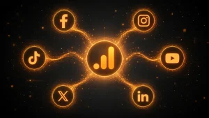 Google Analytics 4 for SA Business (Digital tree branching out from GA4 to social media apps)