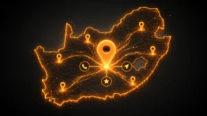 Google Business Profile Insights in SA (Map of South Africa with a pin in the middle which branches out to other smaller pins and contact icons)