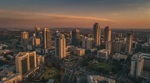 Aerial view of the Sandton Johannesburg skyline at golden hour