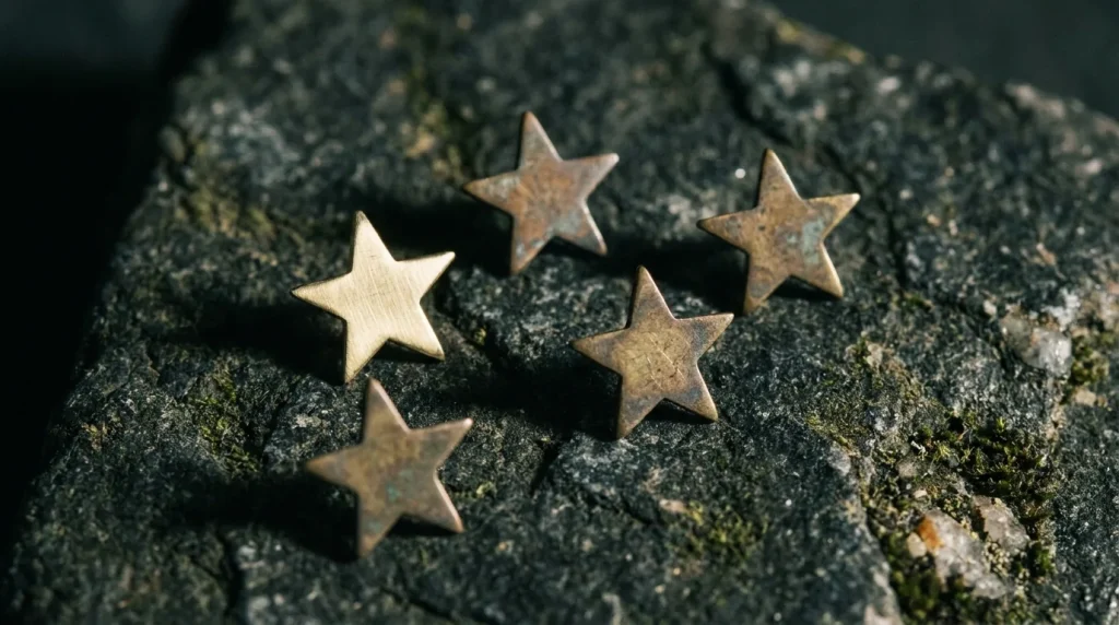 Five brass stars representing Google review recency and velocity signals for local SEO