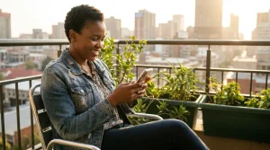 South African business owner replying to a WhatsApp lead on a Johannesburg balcony
