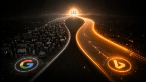 Bing Webmaster Tools for SA Business (a busy 'google' road next to an empty 'bing' road that is lit up)