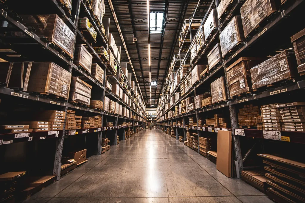 E-commerce SEO in South Africa 2026 Guide (large warehouse with shelves filled with packed products)