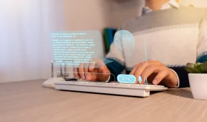 Client Data Into ChatGPT Is a POPIA Breach (Person using a futuristic holographic AI chat bot)